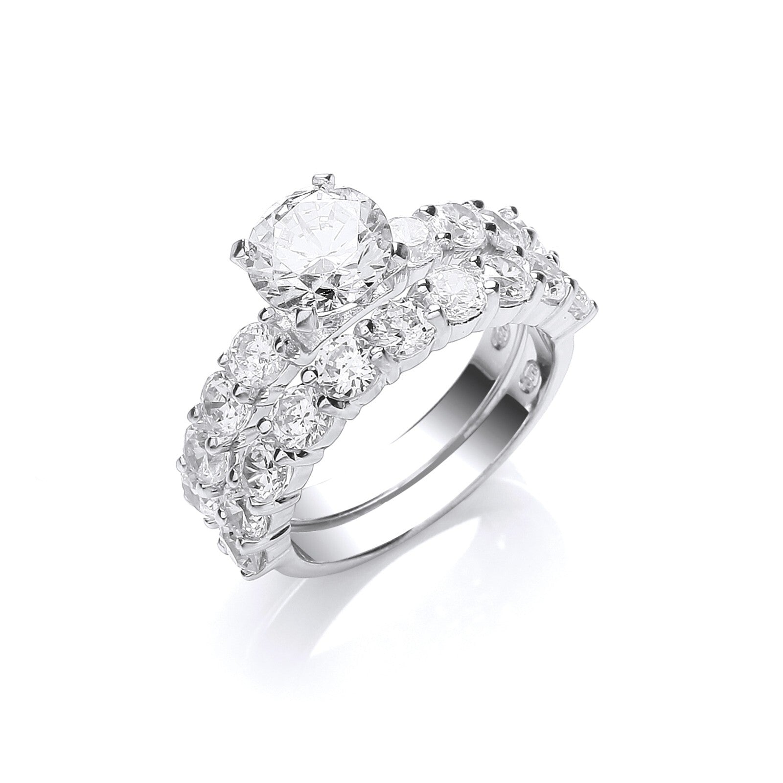 Sterling Silver Bridal Set Zircon Solitaire and Half Eternity Ring 925 Hallmark