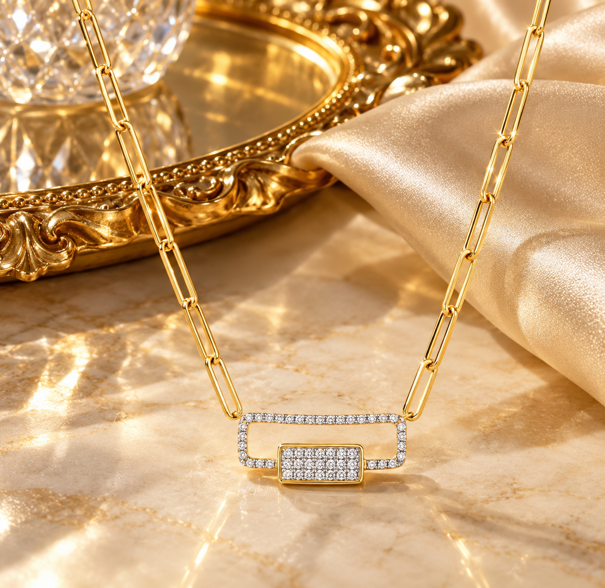 Paperclip Chain Necklace Real Diamond Geometric Pendant 9ct Yellow Gold