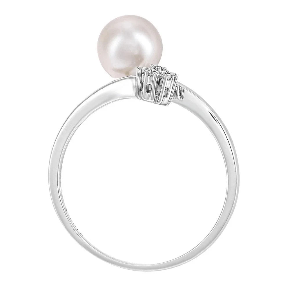 Freshwater Cultured Pearl & Diamond Flower Open Ring in 375 White Gold