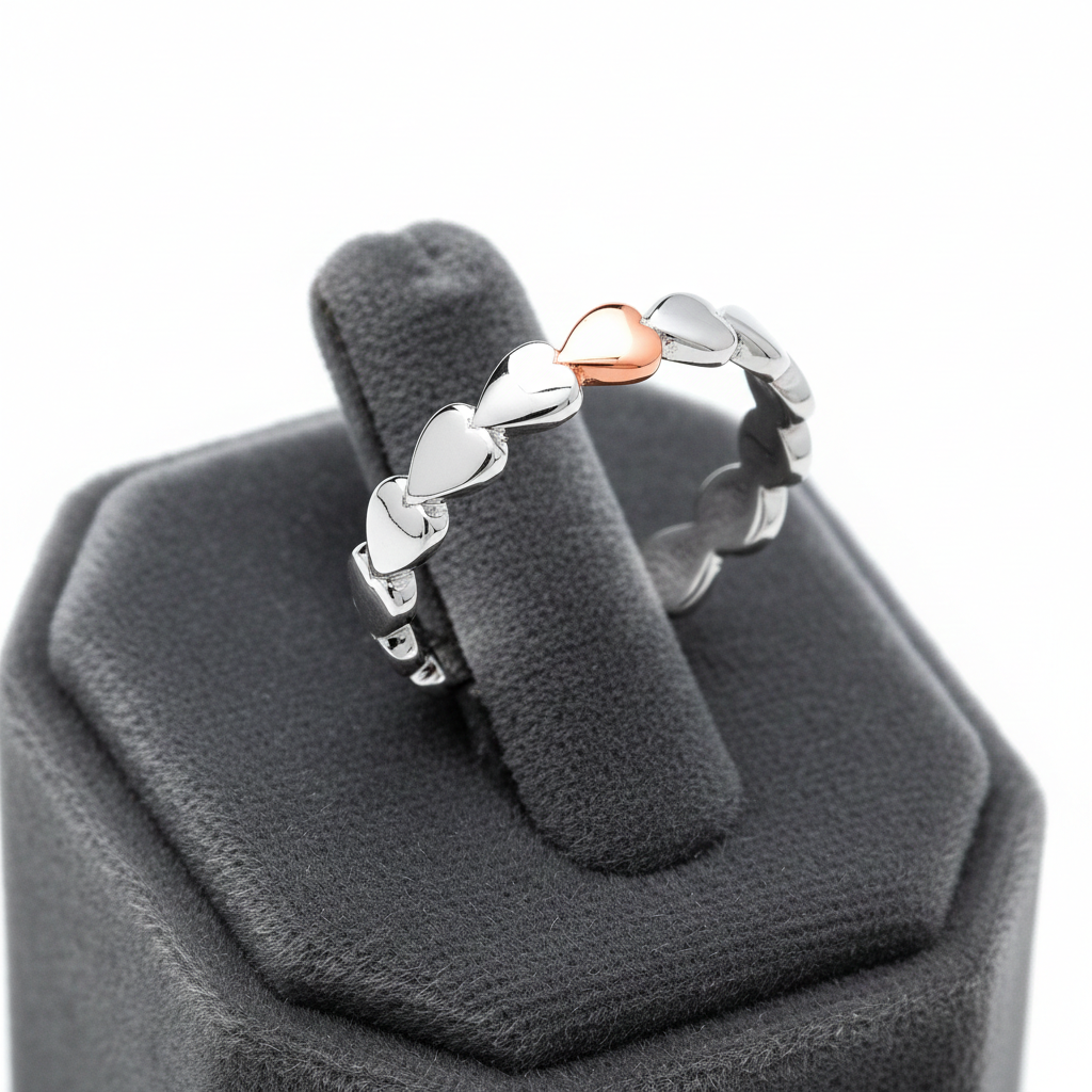 Sterling Silver Heart Band Ring Rose Gold Detail 925 Hallmark Sizes K-S