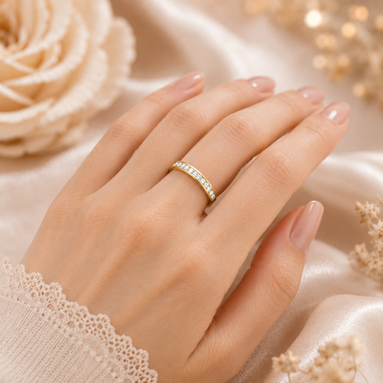 Elegant Channel-Set Eternity Ring in 18ct Gold on Solid Sterling Silver