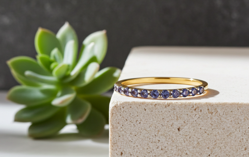 18ct Gold Tanzanite Eternity Ring on Solid Sterling Silver 925 Hallmarked