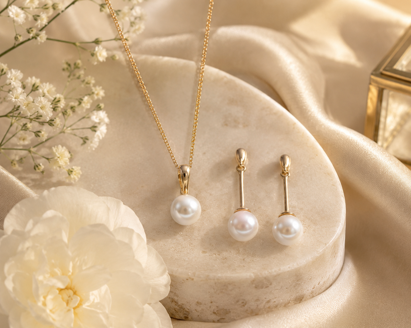 Freshwater Pearl Necklace & Drop Earrings  9ct Gold – Timeless Bridal Jewellery
