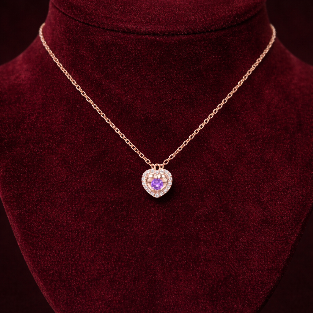 Amethyst Heart Necklace With Diamond Solid Rose Gold 18" 46cm Length Chain