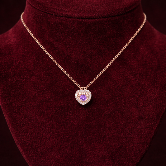 Amethyst Heart Necklace With Diamond Solid Rose Gold 18" 46cm Length Chain