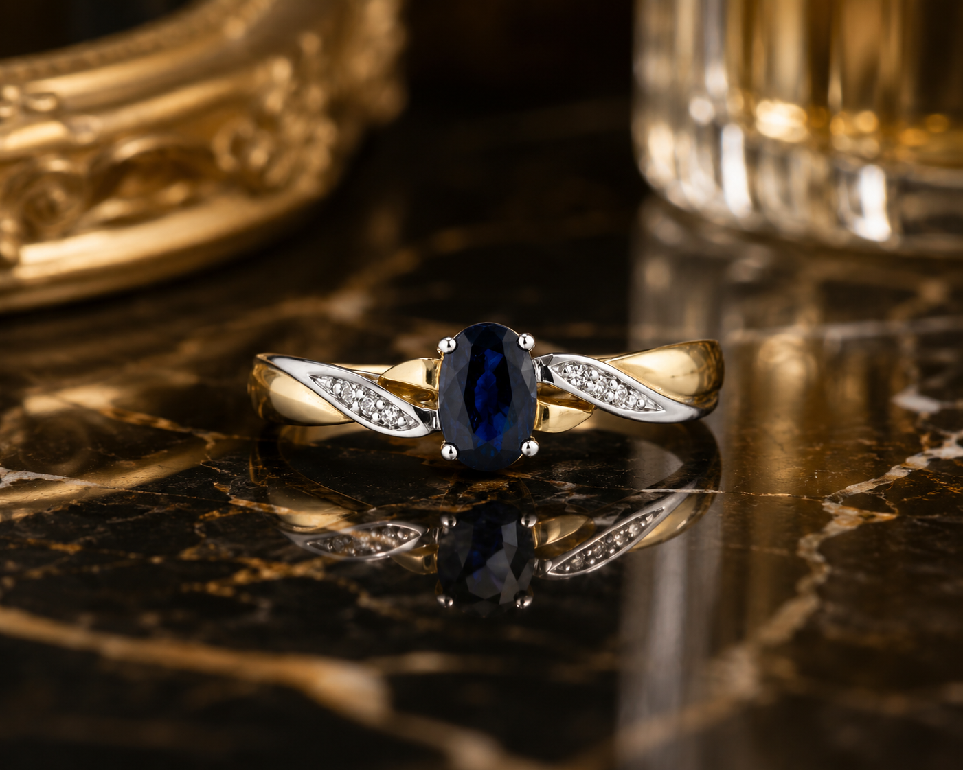 Sapphire & Diamond Oval Gemstone Ring Two Tone Yellow & White Gold Hallmarked