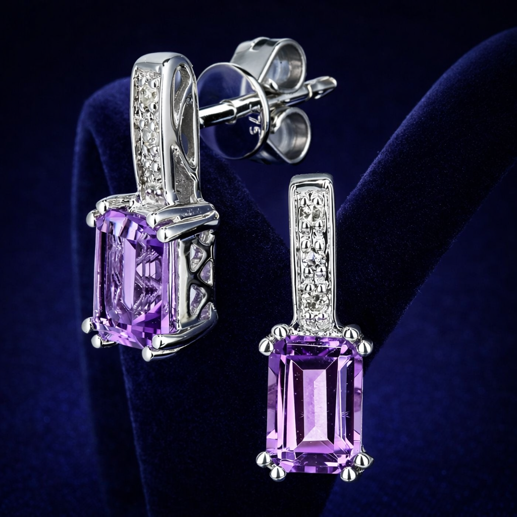 Natural Amethyst and Diamond Earrings Solid 9ct White Gold Drops Hallmarked