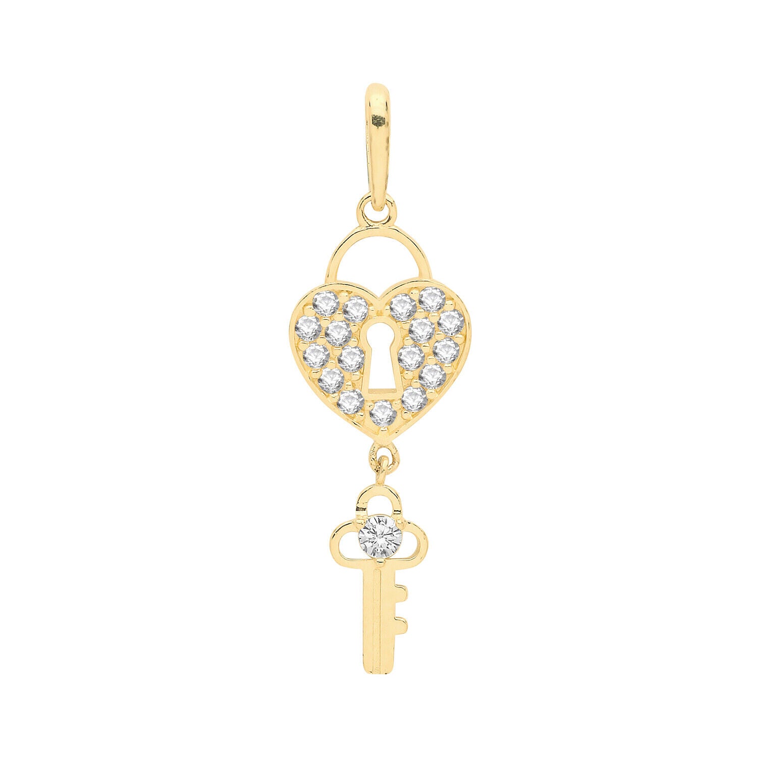 Heart & Key Pendant Yellow Gold 37mm x 11mm British Made.