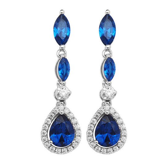 Sapphire Pear Drop Earrings Sterling Silver Rhodium British Made 925 Hallmark