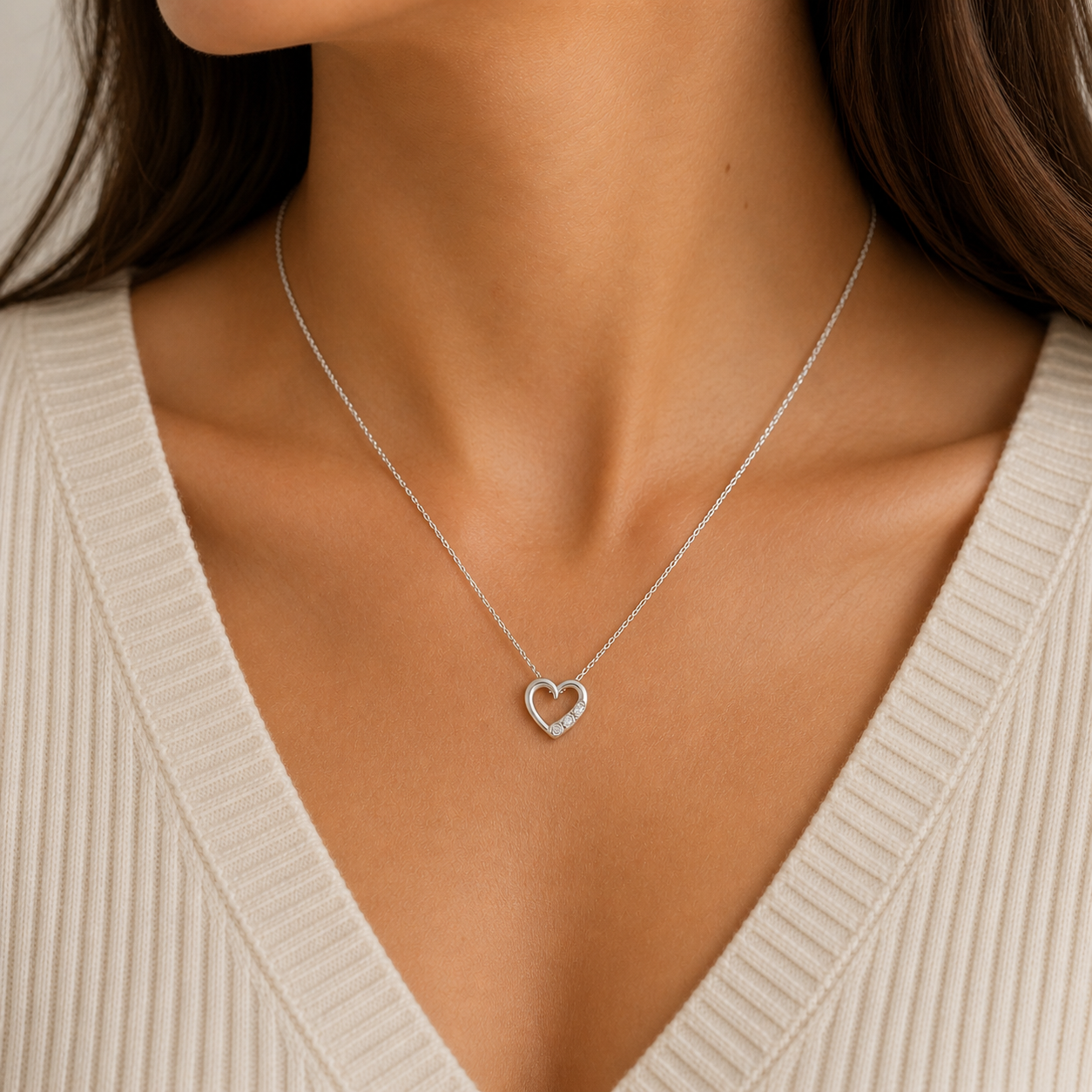 Natural Three Diamond Heart Pendant White Gold 18" Chain Hallmark British Made