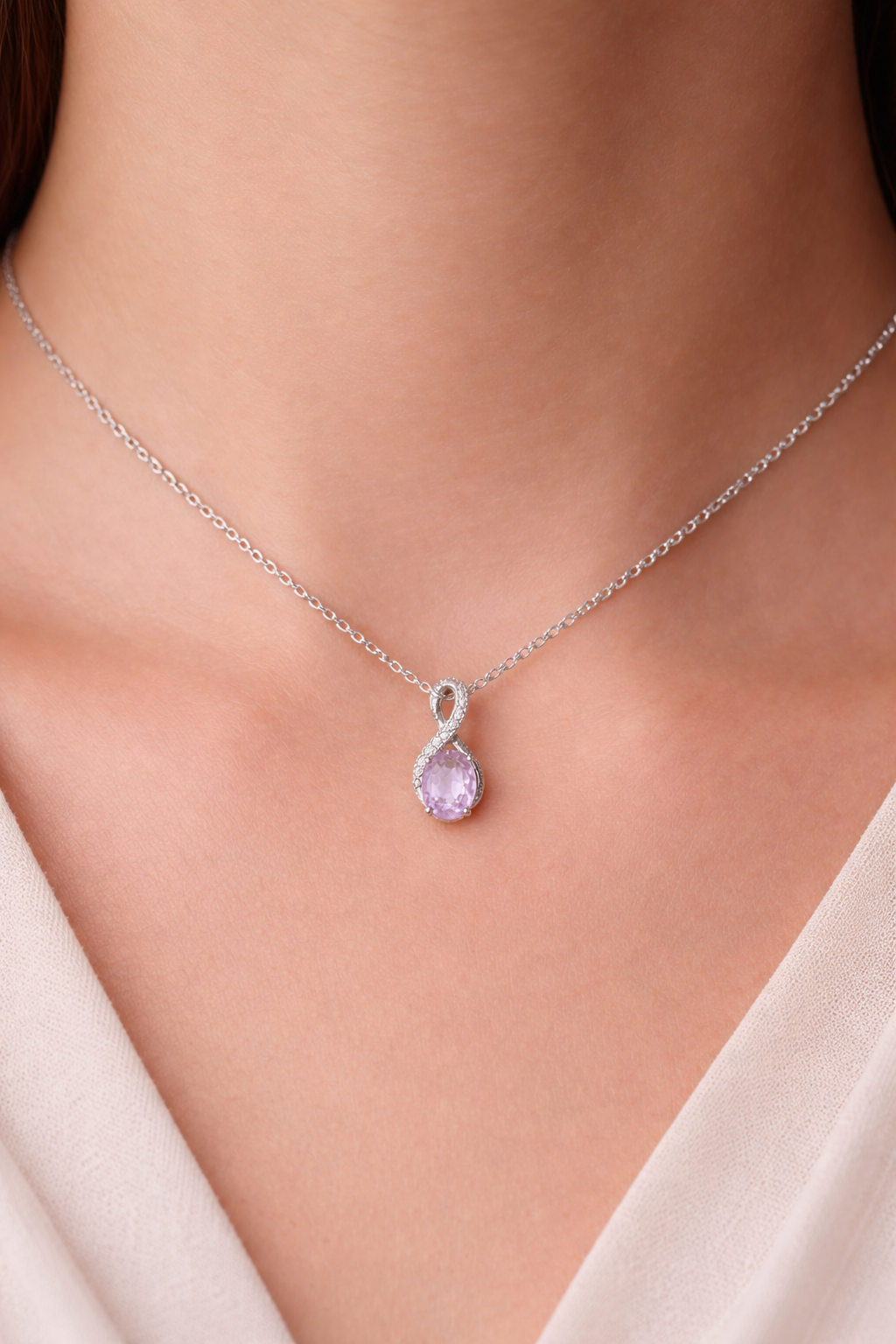 Amethyst Infinity Pendant With Diamonds 9ct White Gold 18" 46cm Length Chain