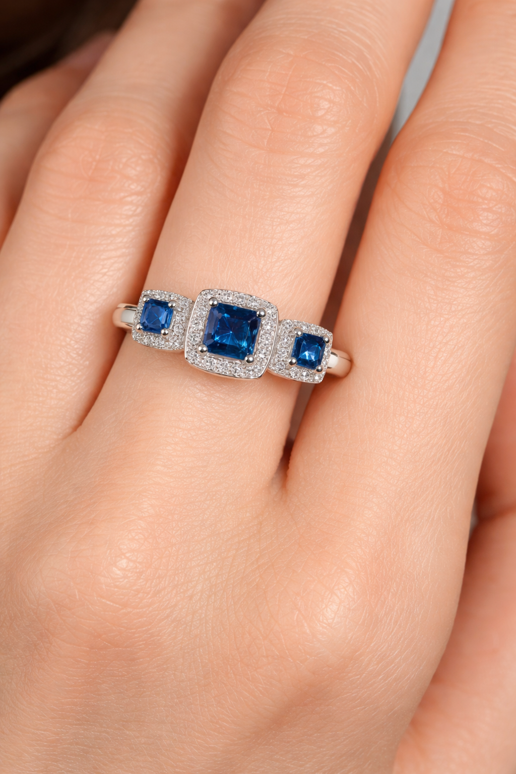 Sapphire and Diamond Trilogy Ring 9ct White Gold Three Stone Engagement