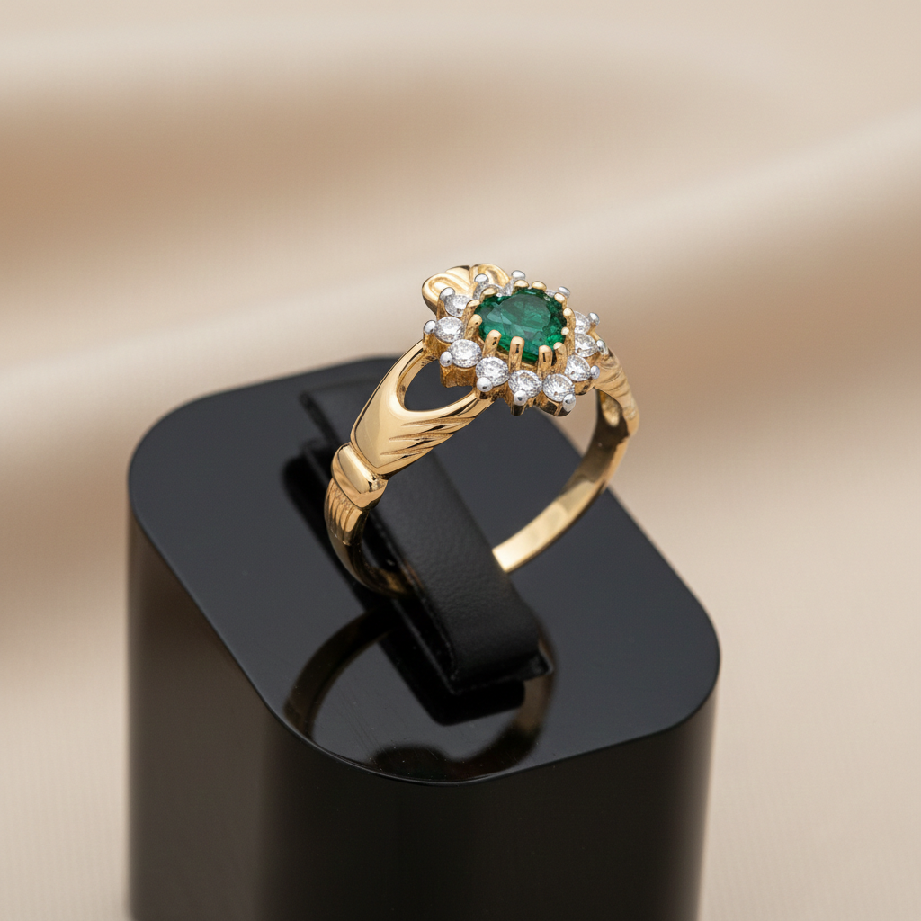 18ct Gold Emerald Claddagh Ring on Solid Sterling Silver 925 Hallmark