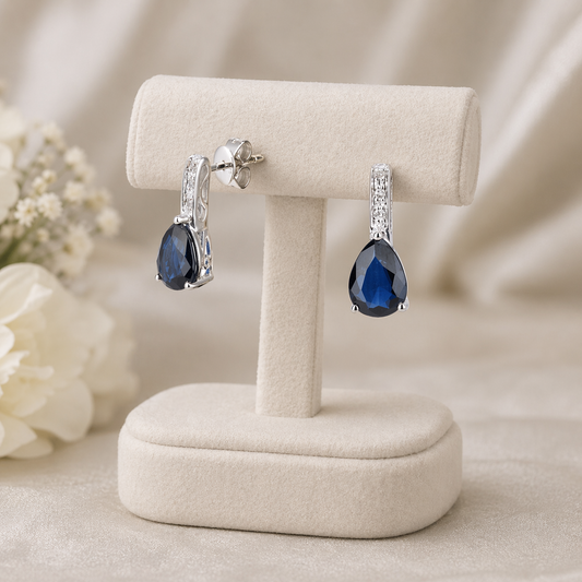 Natural Sapphire and Diamond Earrings Solid 9ct White Gold Pear Stud Hallmarked