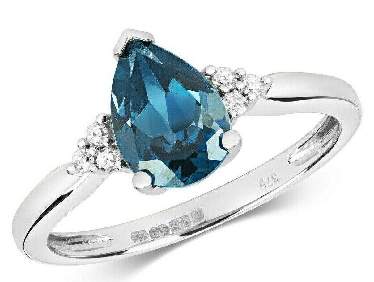 9ct White Gold London Blue Topaz and Diamond Ring Pear Solitaire Size J - Q