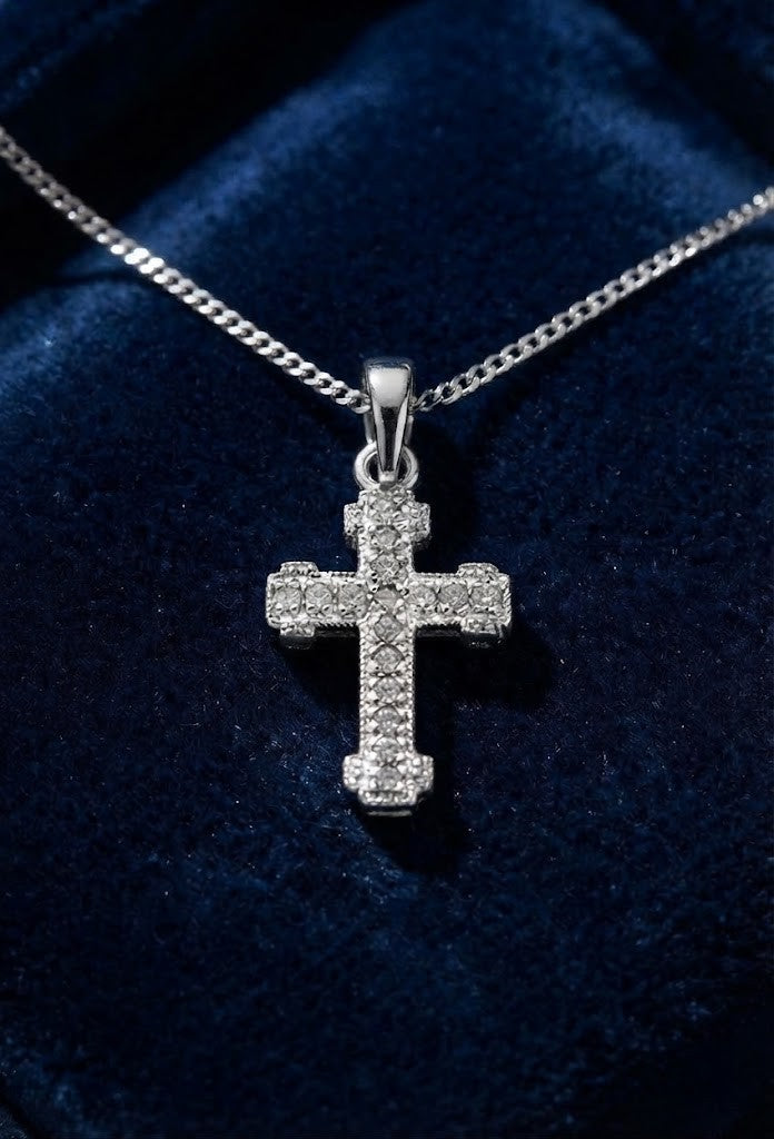 Real Diamond Small Cross Pendant Necklace 9ct White Gold 18" / 45cm