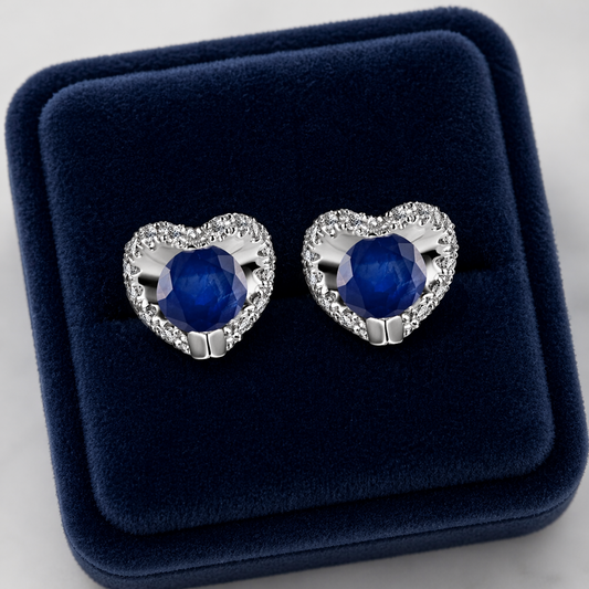 Natural Sapphire and Diamond Heart Earrings Solid 9ct White Gold Hallmarked