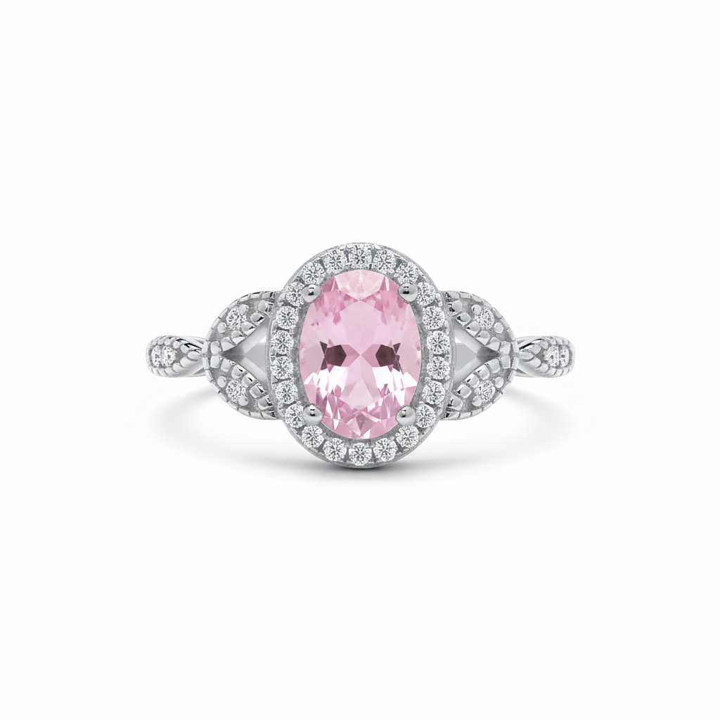 Sterling Silver Pink Topaz Ring Vintage Style Oval Halo 925 Hallmark Size K-S