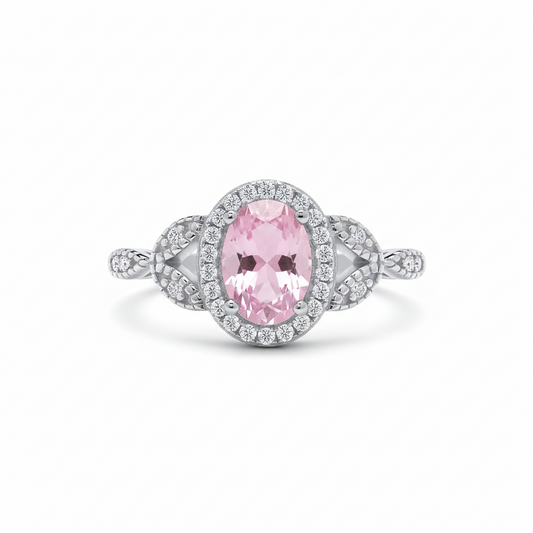 Sterling Silver Pink Topaz Ring Vintage Style Oval Halo 925 Hallmark Size K-S