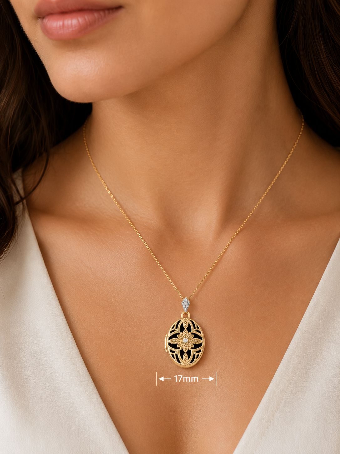 Vintage Oval Locket Pendant with Natural Diamond 18ct Gold on Solid Silver 18"