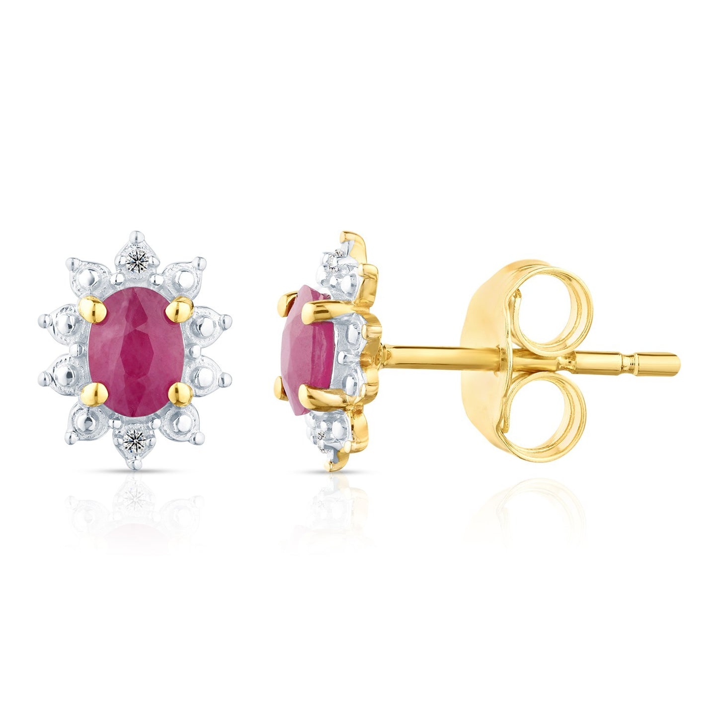 Natural Ruby & Diamond Halo Stud Earrings 9ct Yellow Gold 375
