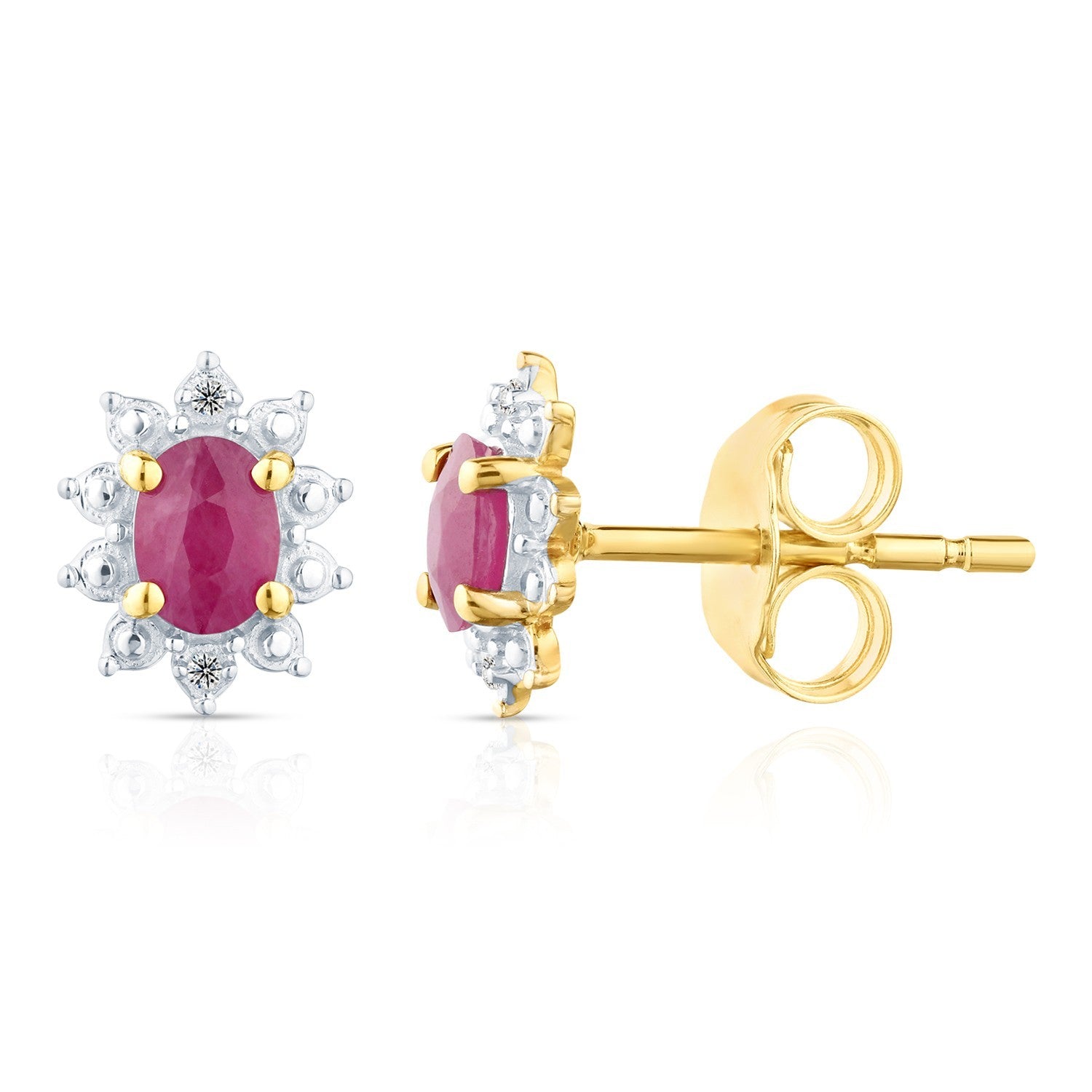 Natural Ruby & Diamond Halo Stud Earrings 9ct Yellow Gold 375