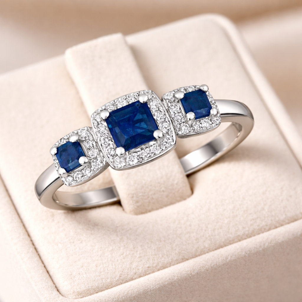 Sapphire and Diamond Trilogy Ring 9ct White Gold Three Stone Engagement