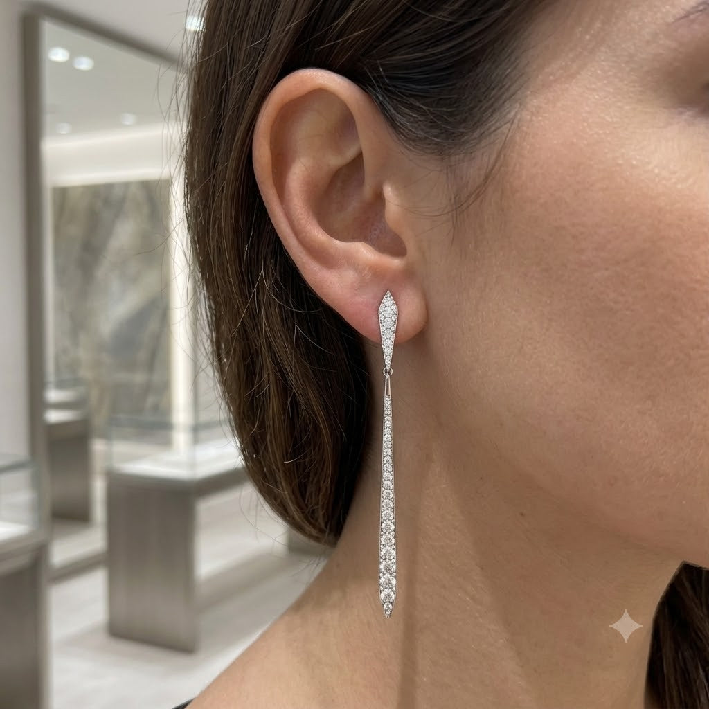 18ct White Gold Diamond Long Drop Earrings Articulated Linear Dangle 60mm