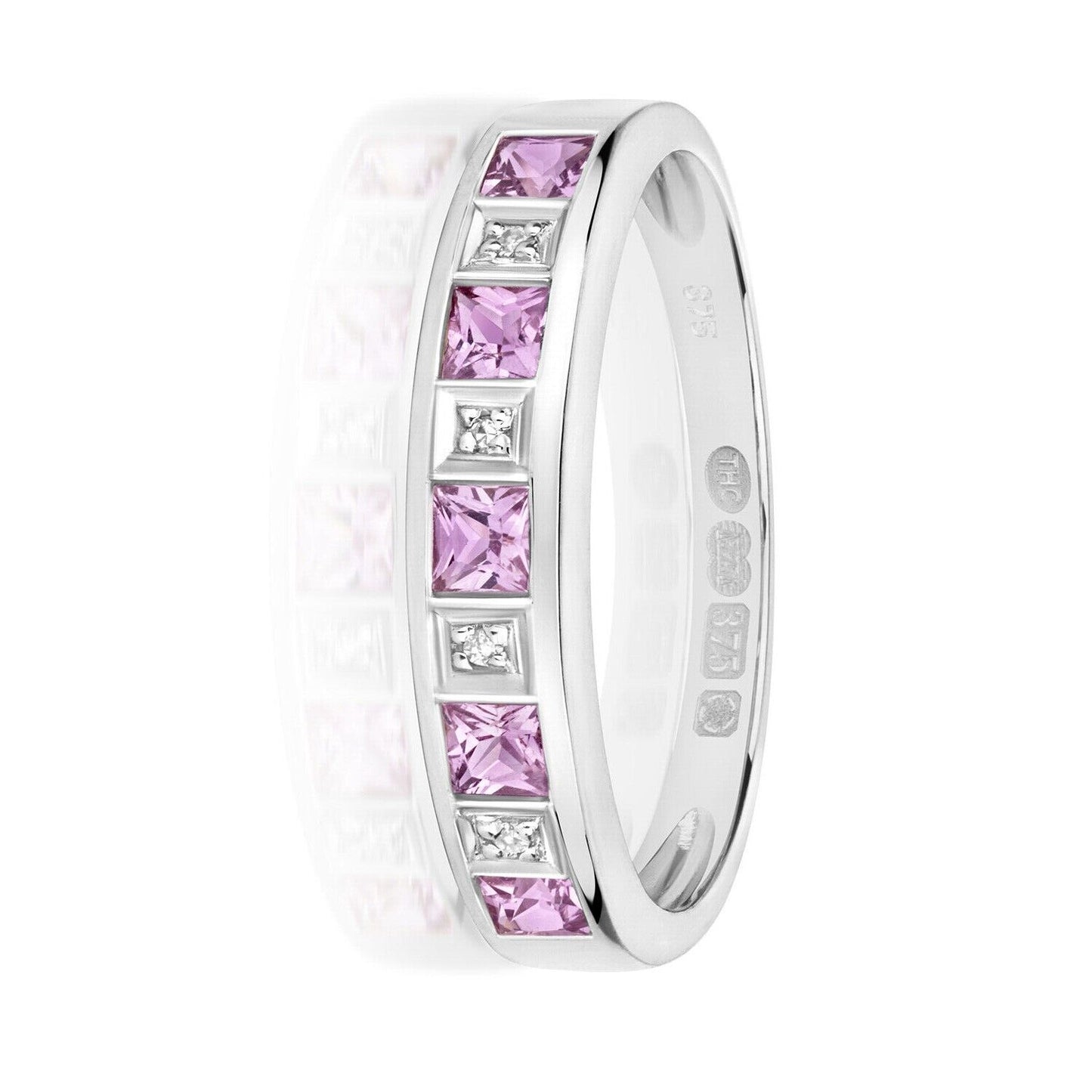 9ct White Gold Pink Sapphire and Diamond Eternity Ring Anniversary Band Size J-Q