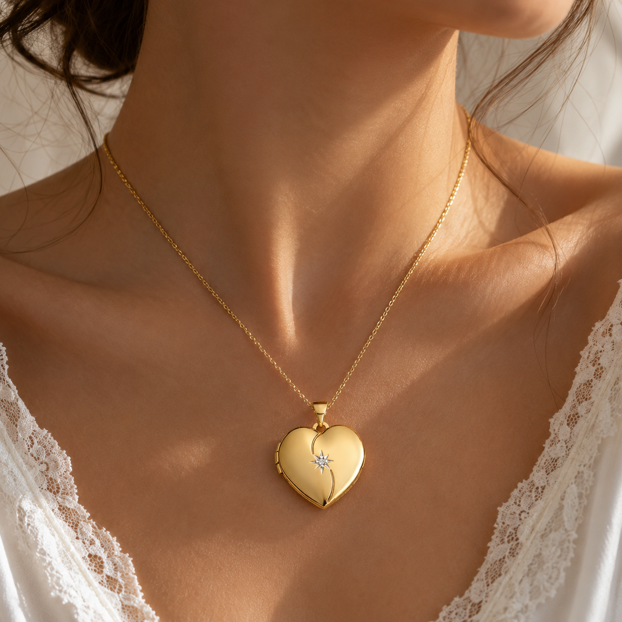 Heart Shaped Gold Locket Pendant Real Diamond on Sterling Silver 18" Chain