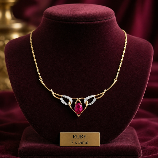 Ruby Heart Necklace With Natural Diamond Yellow Gold 16.5" 42cm Length Chain