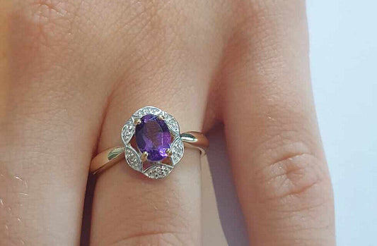 Amethyst and Diamond Ring 9ct Yellow Gold Cluster Genuine Stones Size J - Q