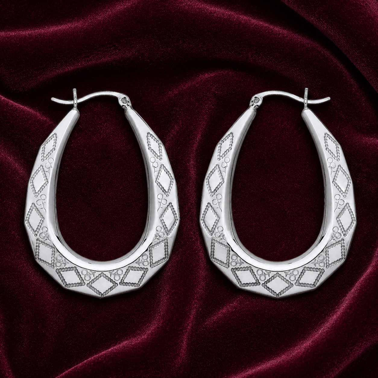 Sterling Silver Oval Creole Hoop Earrings Diamond Cut 40 x 30mm 925 Hallmark