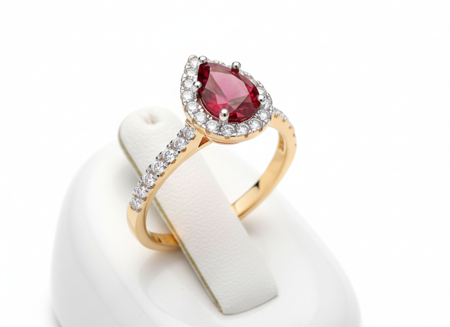 18ct Yellow Gold Ruby Pear Ring Sterling Silver 925 Hallmark Size K-S