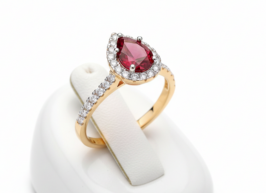 18ct Yellow Gold Ruby Pear Ring Sterling Silver 925 Hallmark Size K-S