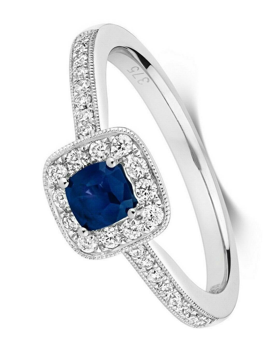 Real Sapphire and Diamond Ring 9ct White Gold Cushion Square Cluster Size J-Q