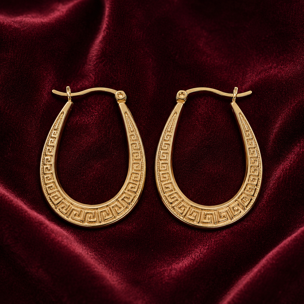 Greek Key Oval Creole Hoop Earrings 18ct Gold on Sterling Silver 925 32mm