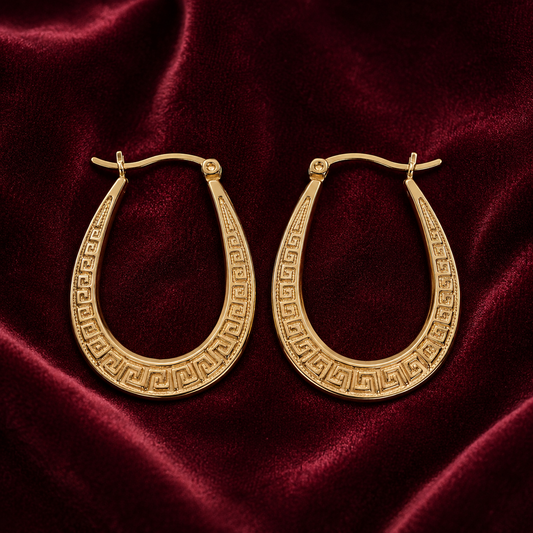 Greek Key Oval Creole Hoop Earrings 18ct Gold on Sterling Silver 925 32mm