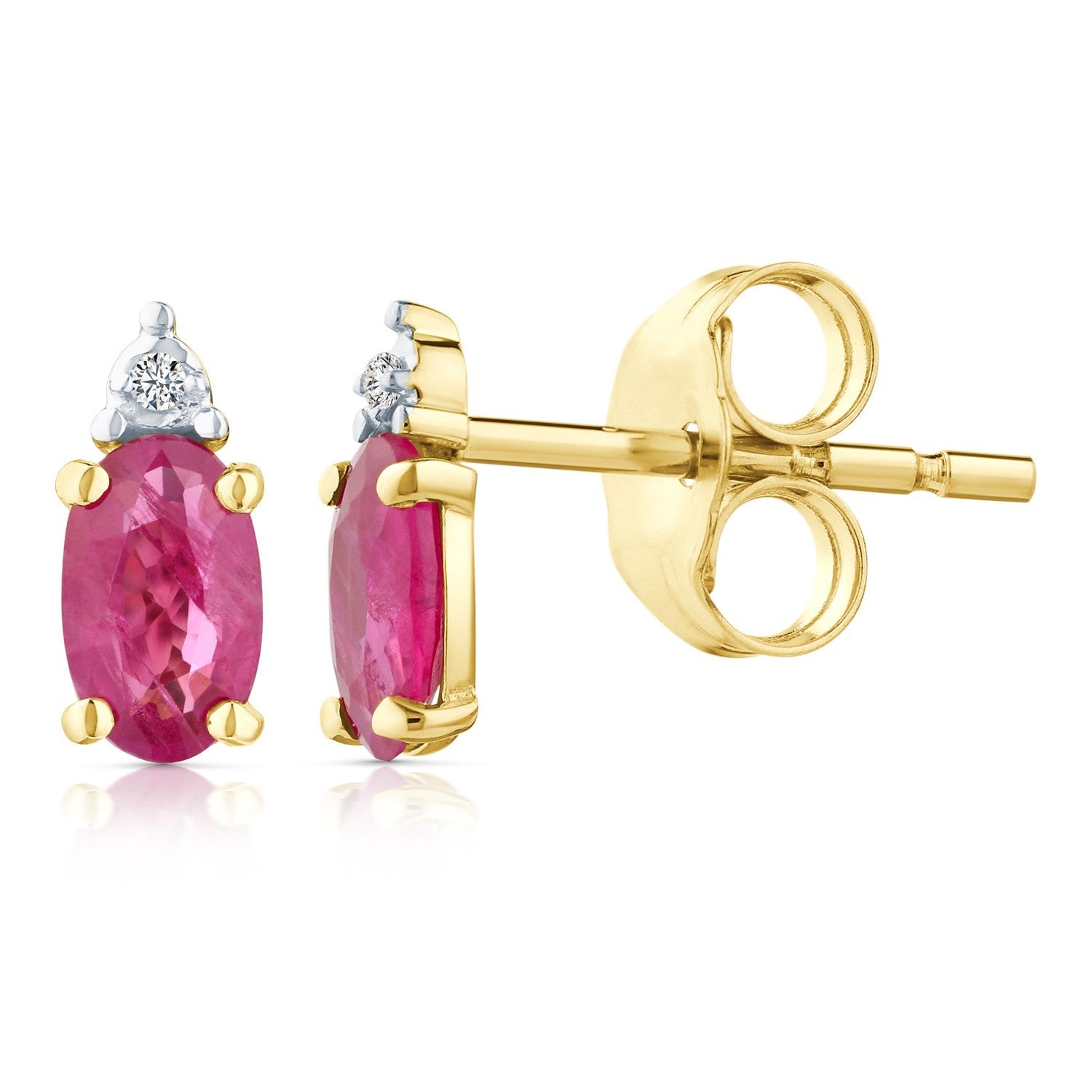 Yellow Gold Natural Ruby & Diamond Accent Oval Stud Earrings