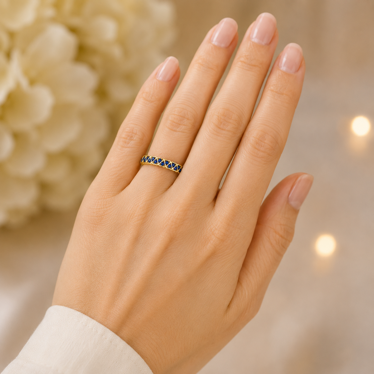 9k Yellow Gold Blue Sapphire Heart Eternity Band Stackable Ring