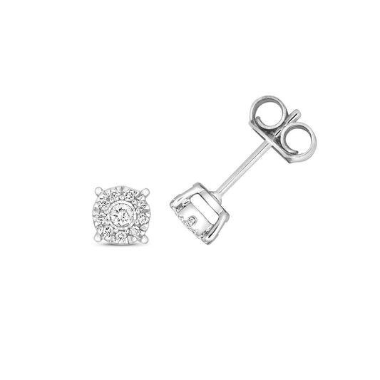 9ct White Gold Diamond Stud Earrings Illusion Brilliant Set 0.12ctw Real Diamond