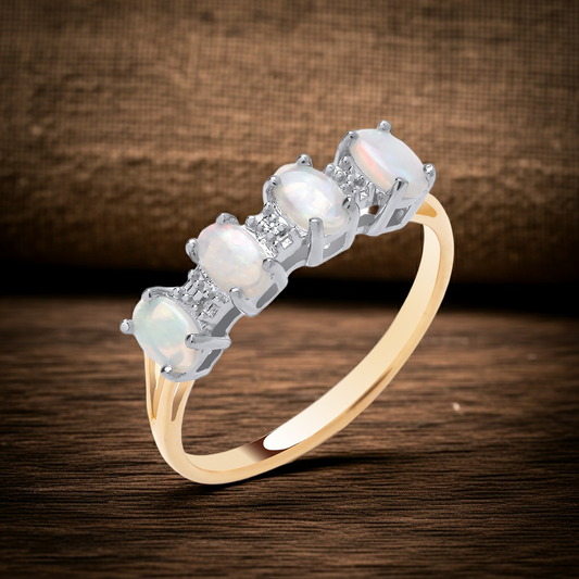 Natural Opal and Diamond Eternity Ring 18ct Gold on Sterling Silver 925 Size J-V