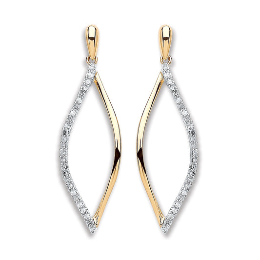 9ct Yellow Gold Leaf Drop 0.15ct Diamond Earrings 30mm Length Hallmarked
