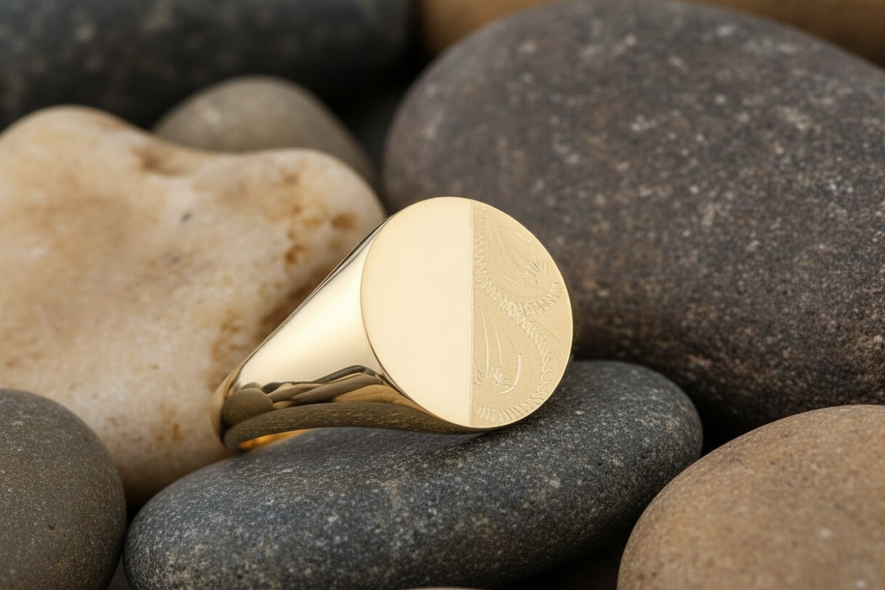 9ct Yellow Gold Gents Oval Signet Ring Half Engraved Hallmarked