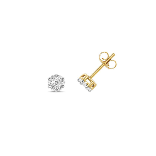 9ct Yellow Gold Diamond Flower Earrings Cluster Stud 0.33ctw 5mm
