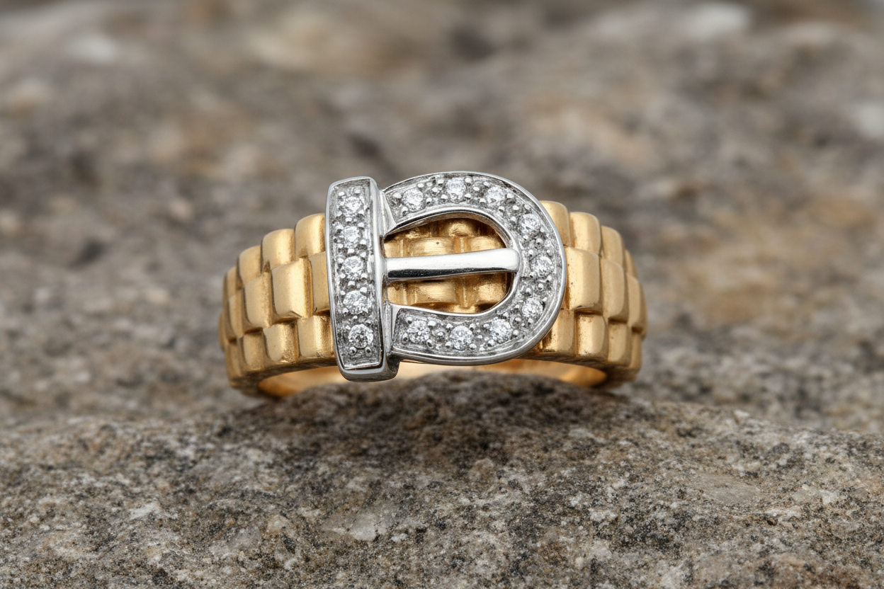Gents Real Diamond Buckle Ring 9ct Yellow Gold Band Pinky Hallmarked ...