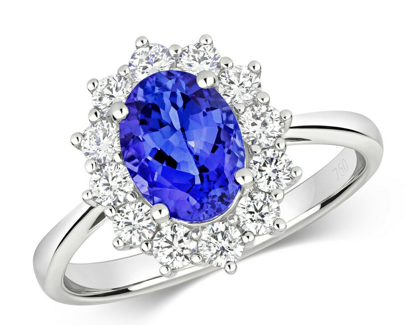 Real Tanzanite and Diamond Ring 18ct White Gold Oval Cluster 1.76 Carat Weight