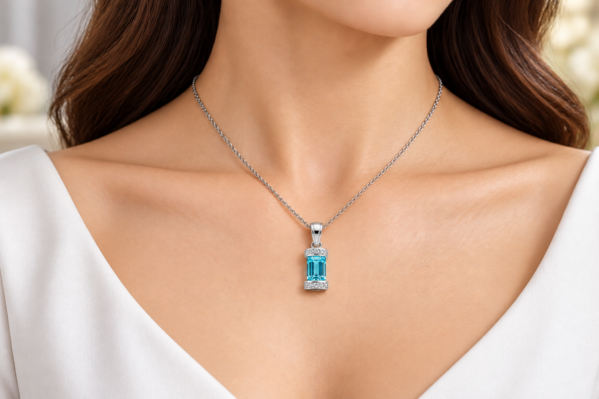 Emerald Cut Blue Topaz Pendant with Sparkling Natural Diamonds White Gold 18"