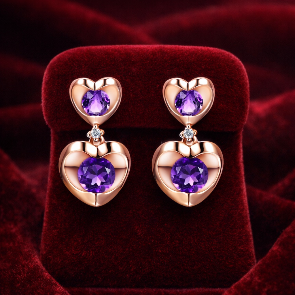 Natural Amethyst and Diamond Earrings Solid 9ct Rose Gold Heart Drop Hallmarked