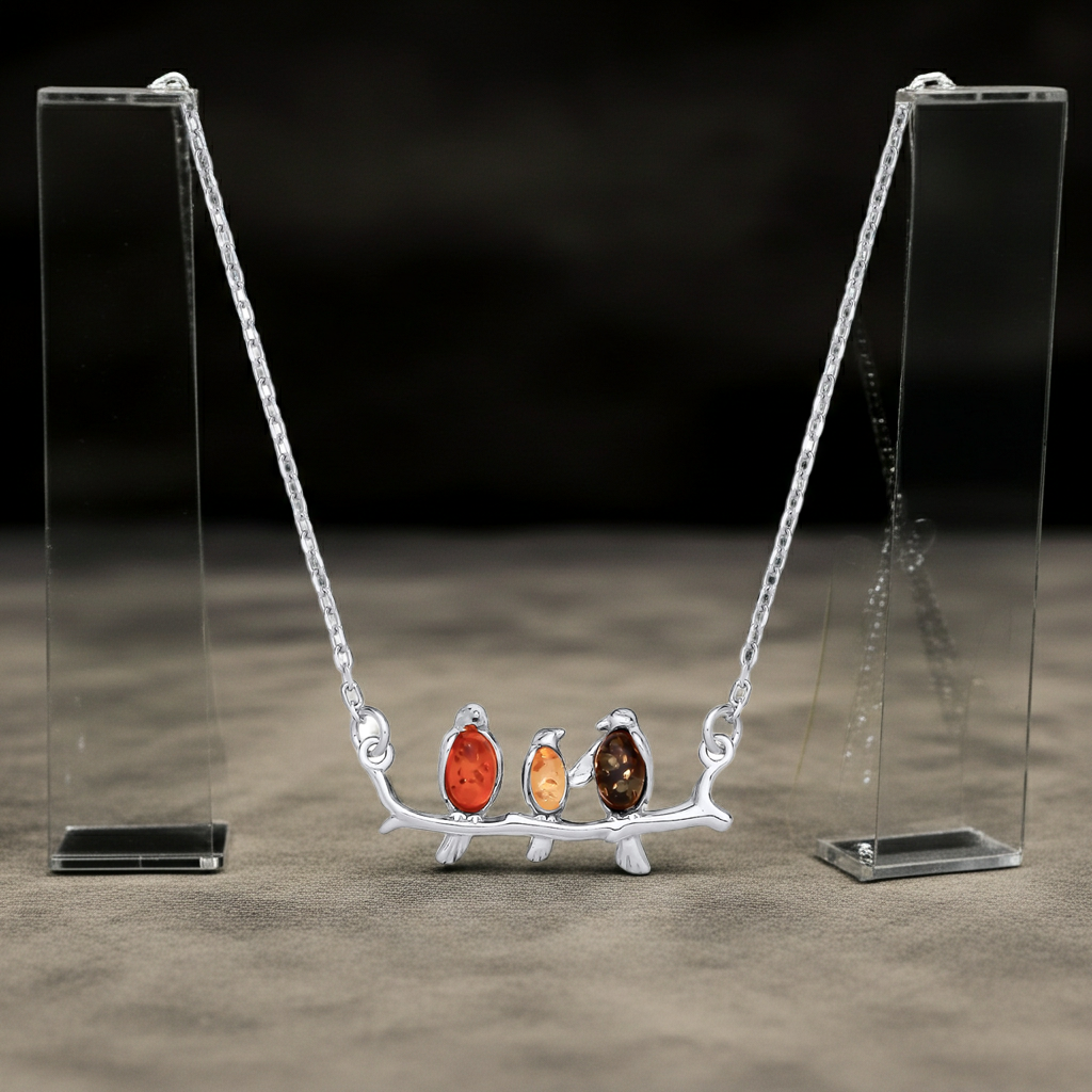 Natural Amber Three Bird Necklace Solid Sterling Silver 925 Hallmark 16" Length